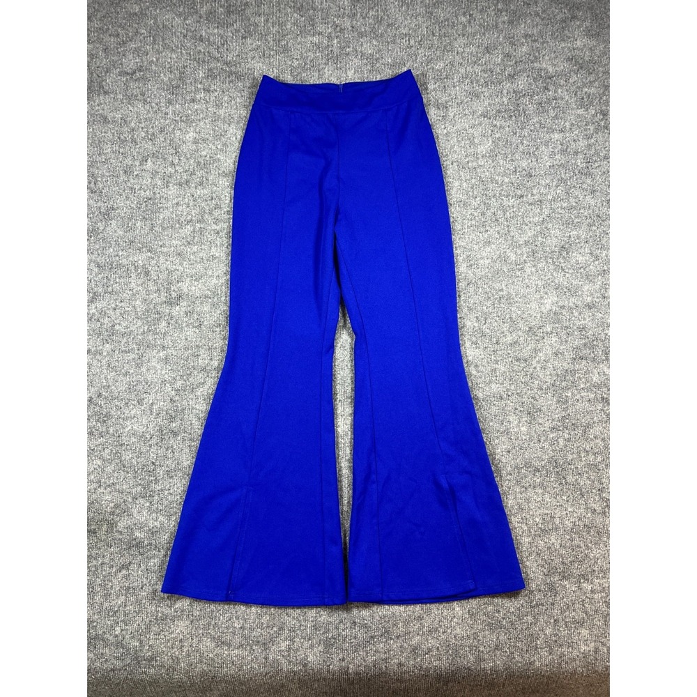 Michel Dress Pants Womens L Blue Stretch High Waisted Pleated Back Zip Flare Leg